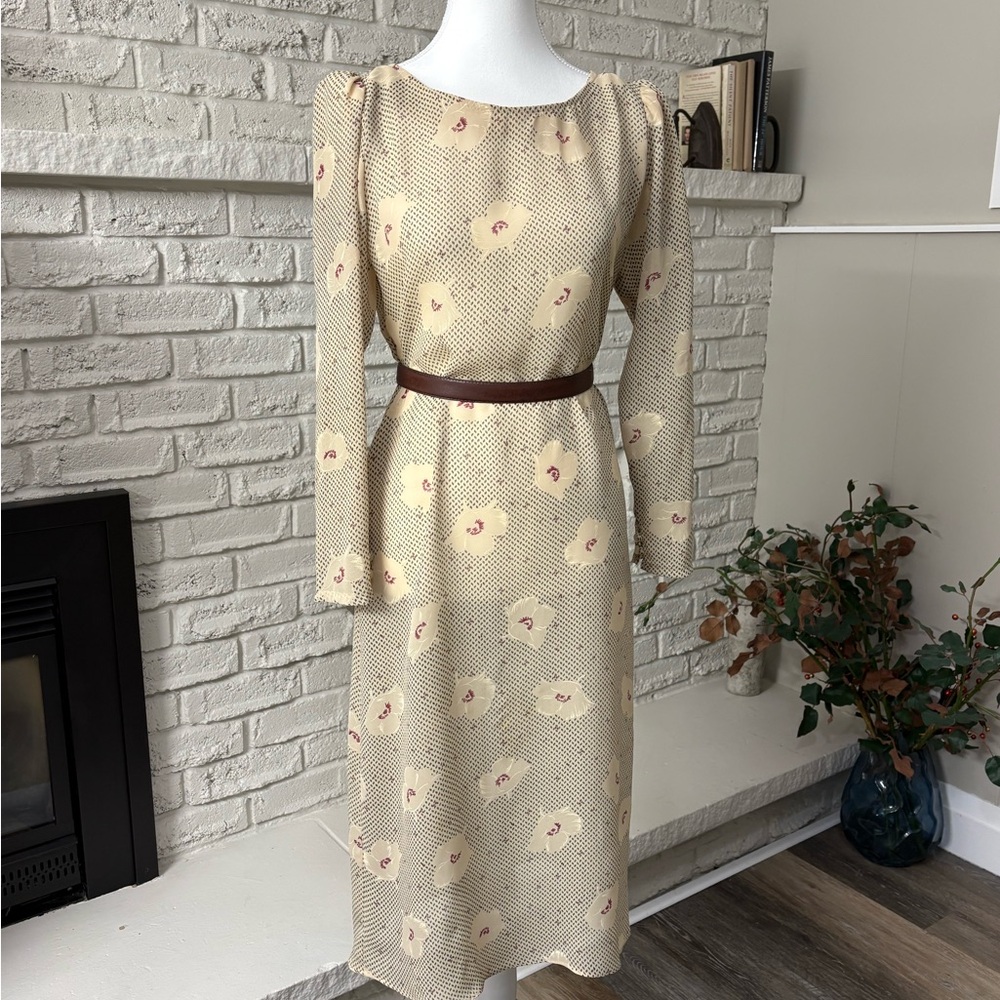 Vintage Floral Midi Dress Modest Long Sleeve Puff Shoulder Cream Tan M